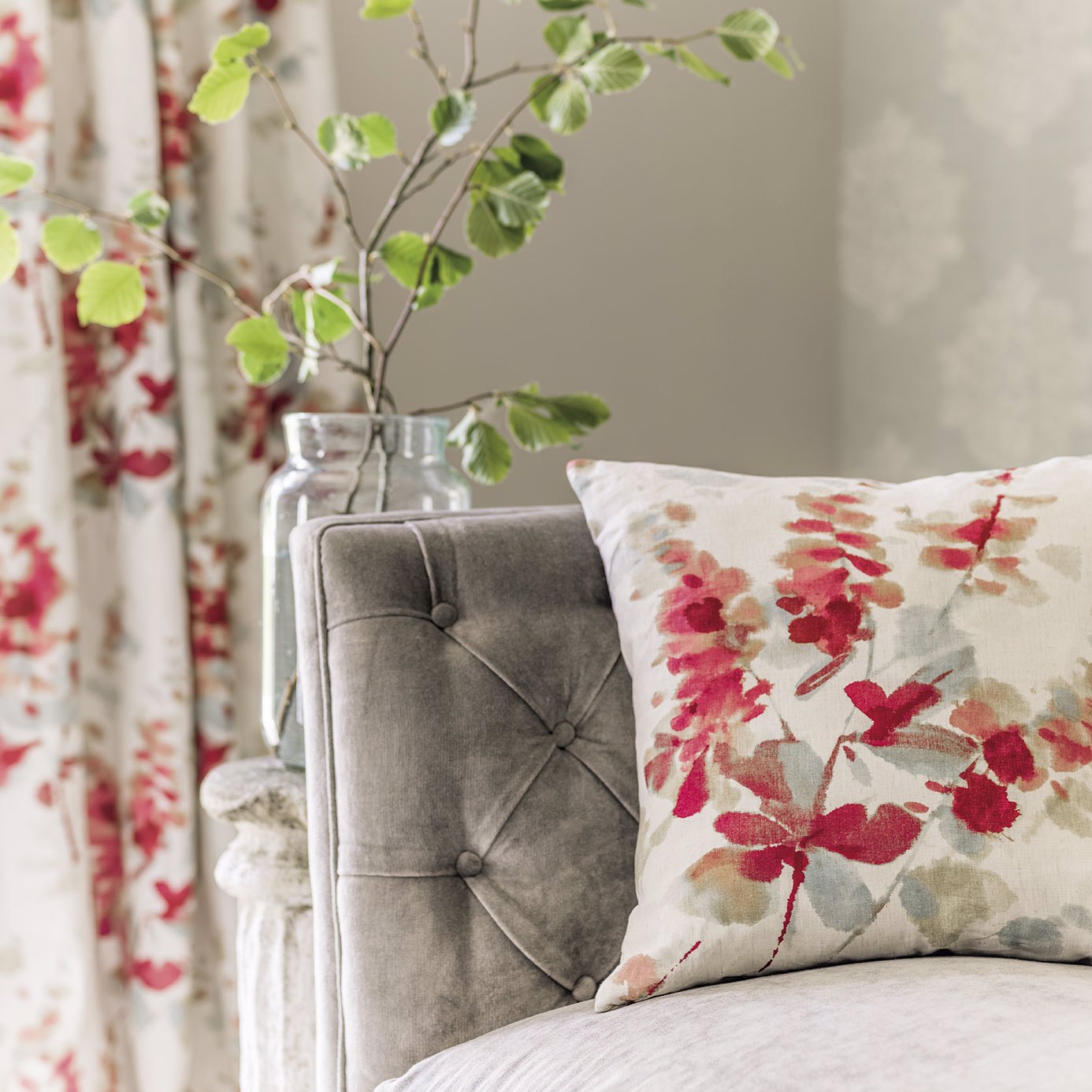 Sanderson Delphiniums Coral Fabric By The Metre