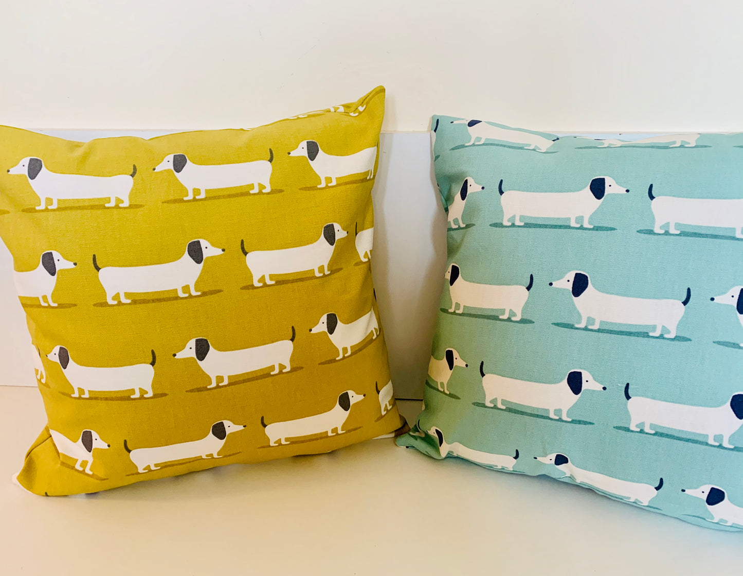 Dachshund Print Cushion Covers - Double-Sided, 16” Duck Egg Blue & Mustard Yellow