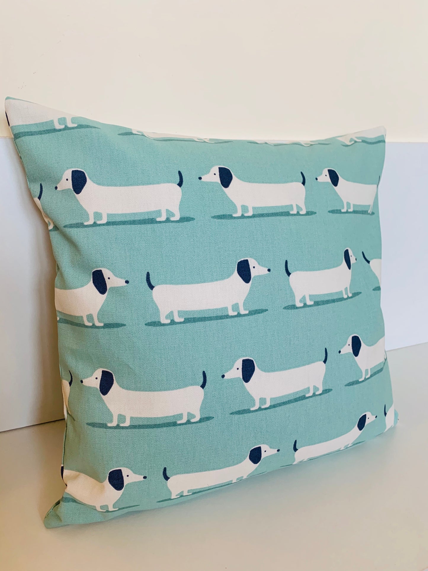 Dachshund Print Cushion Covers - Double-Sided, 16” Duck Egg Blue & Mustard Yellow