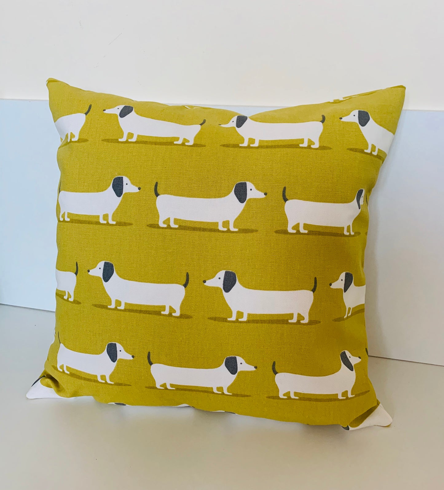 Dachshund Print Cushion Covers - Double-Sided, 16” Duck Egg Blue & Mustard Yellow