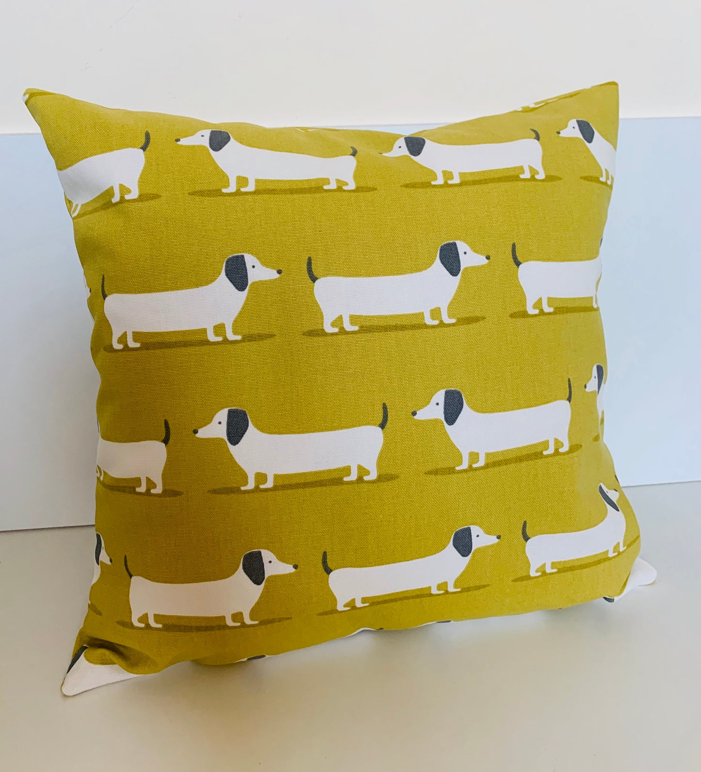 Dachshund Print Cushion Covers - Double-Sided, 16” Duck Egg Blue & Mustard Yellow