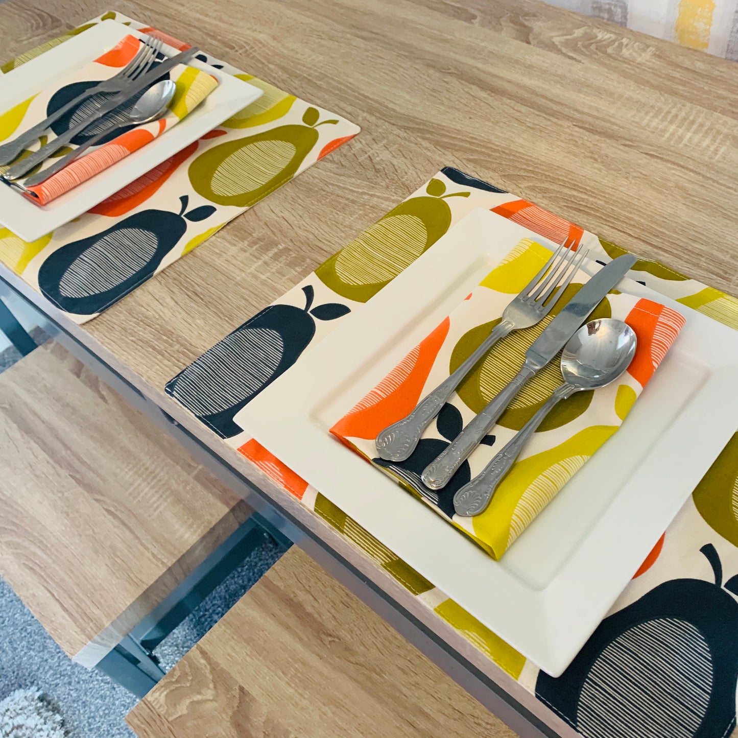 Colourful Pear Print Placemats, Napkins, BBQ Outdoor Dining, Bright Summer Table Linen, Retro kitchen accessories