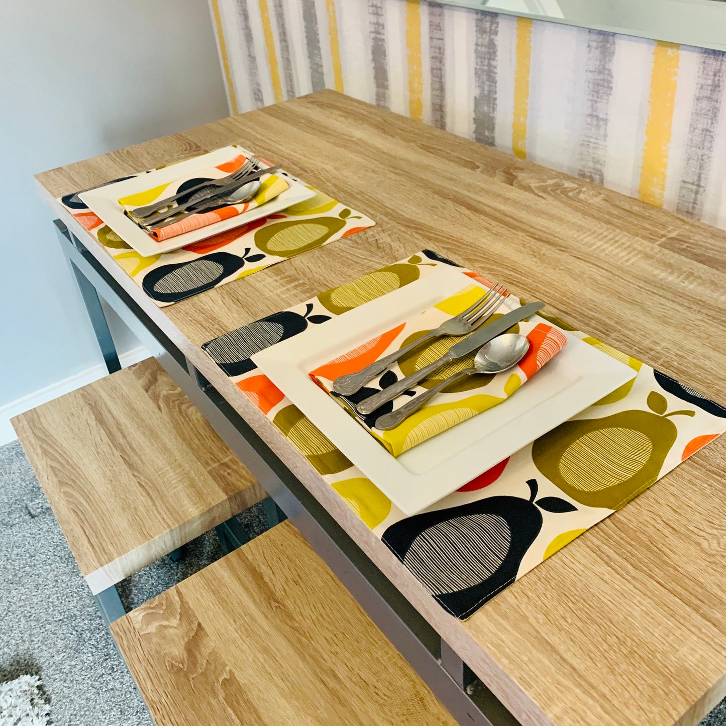 Colourful Pear Print Placemats, Napkins, BBQ Outdoor Dining, Bright Summer Table Linen, Retro kitchen accessories