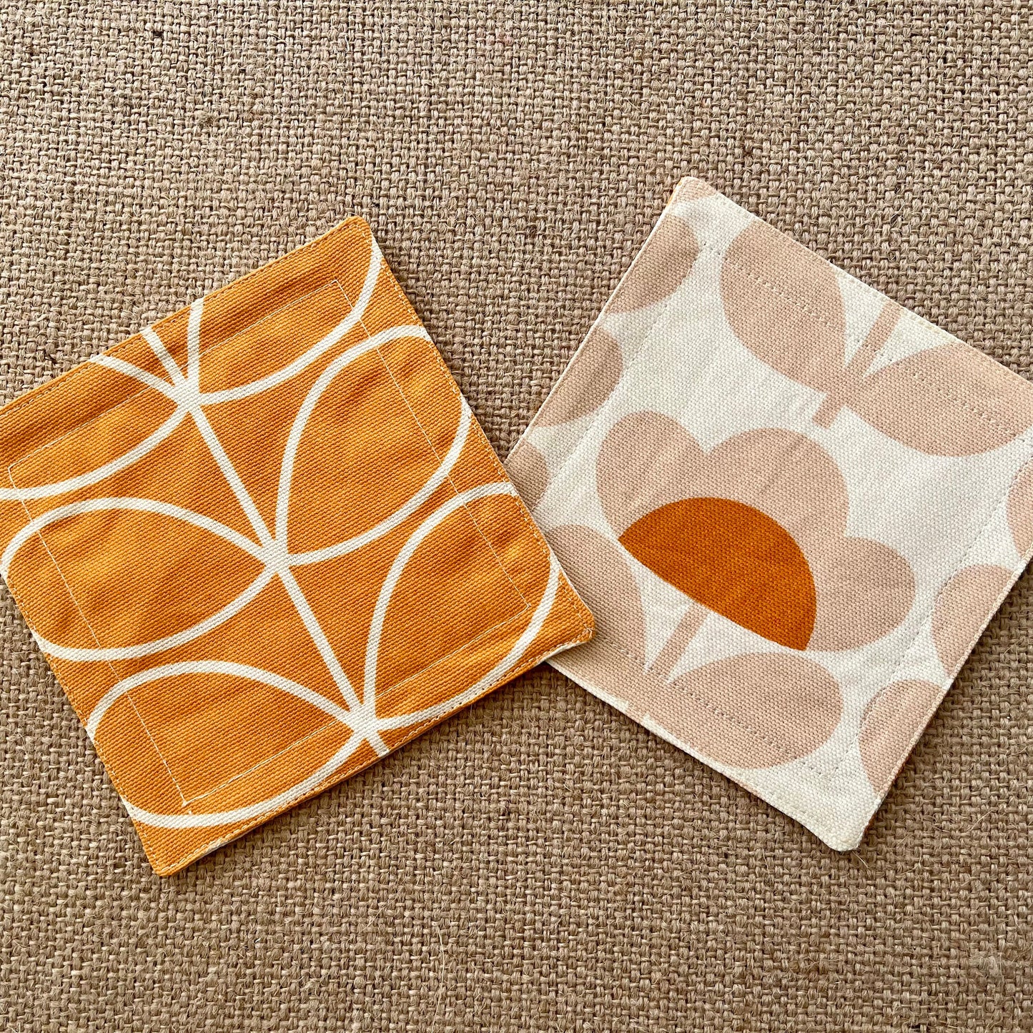 Retro Orange Orla Kiely Fabric Coasters x 2 - Papaya Stem & Sweet Pea, Set of Double-Sided Cotton Drinks Mat Mid Century Scandi Print