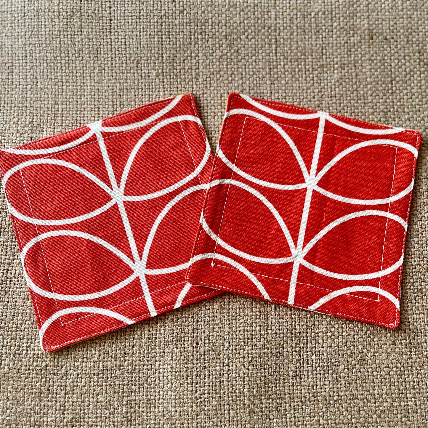 Orla Kiely Grey Oval and Grey Stem Print Fabric Coasters Double Sided Set of 2. Mid Century Modern Retro Print