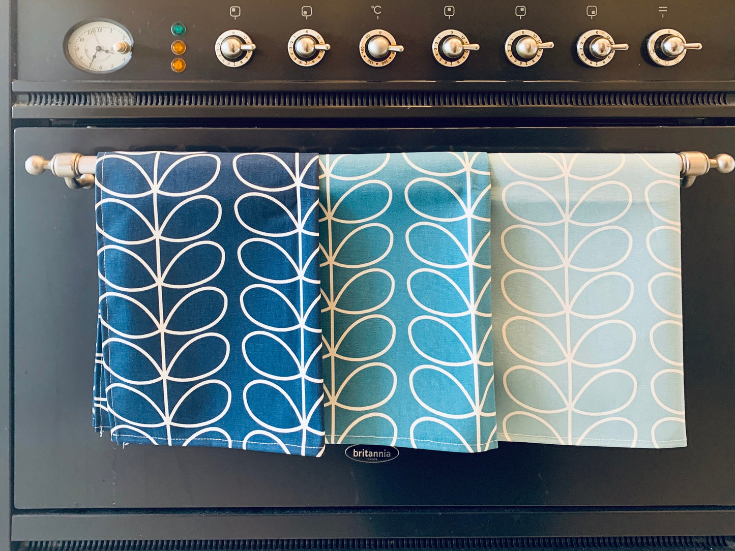 Retro Pale Blue Stem Tea Towels, Orla Kiely Fabric, Set of 3, Singles, Handsewn