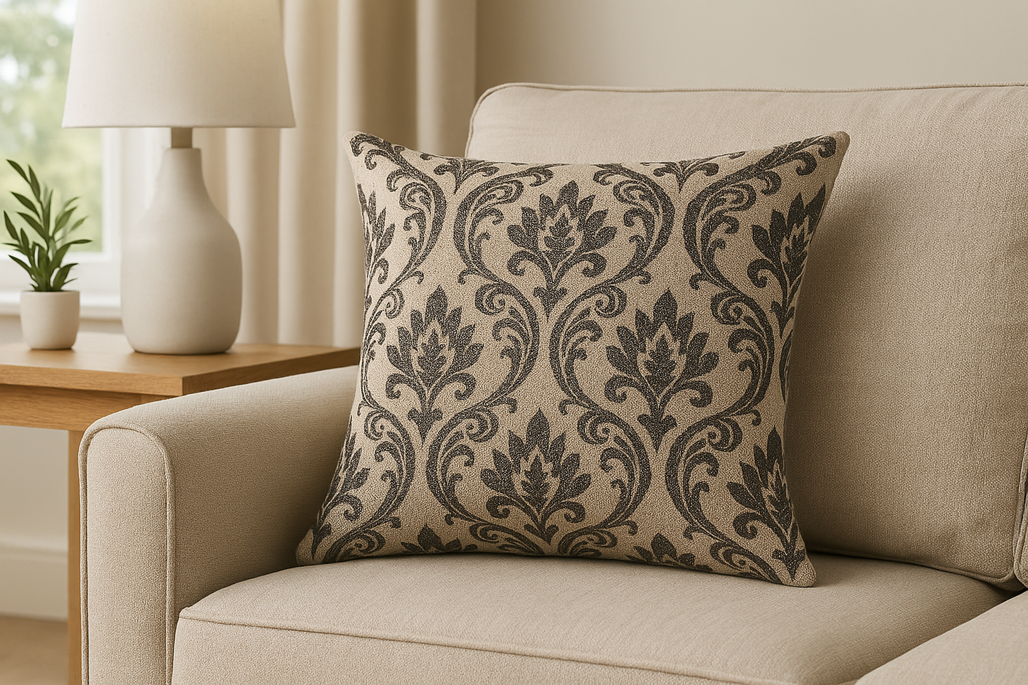 Handmade Leyburn Charcoal Cushion Cover – Elegant Damask Design