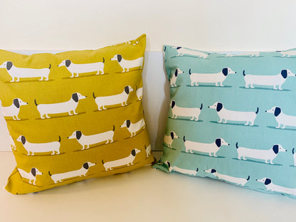 Dachshund Print Cushion Covers - Double-Sided, 16” Duck Egg Blue & Mustard Yellow