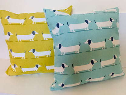 Dachshund Print Cushion Covers - Double-Sided, 16” Duck Egg Blue & Mustard Yellow