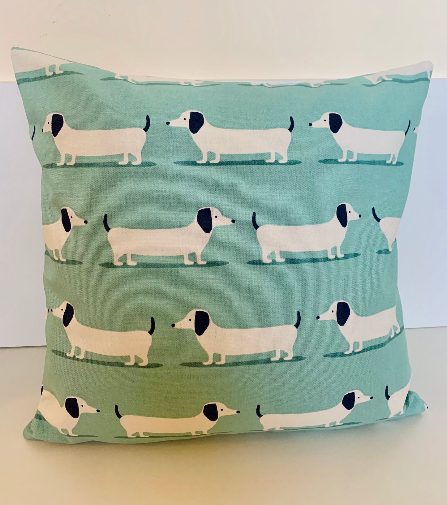 Dachshund Print Cushion Covers - Double-Sided, 16” Duck Egg Blue & Mustard Yellow