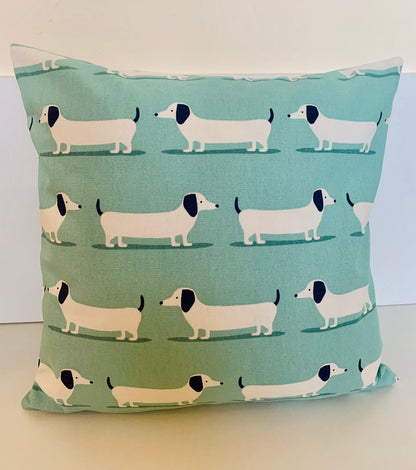 Dachshund Print Cushion Covers - Double-Sided, 16” Duck Egg Blue & Mustard Yellow