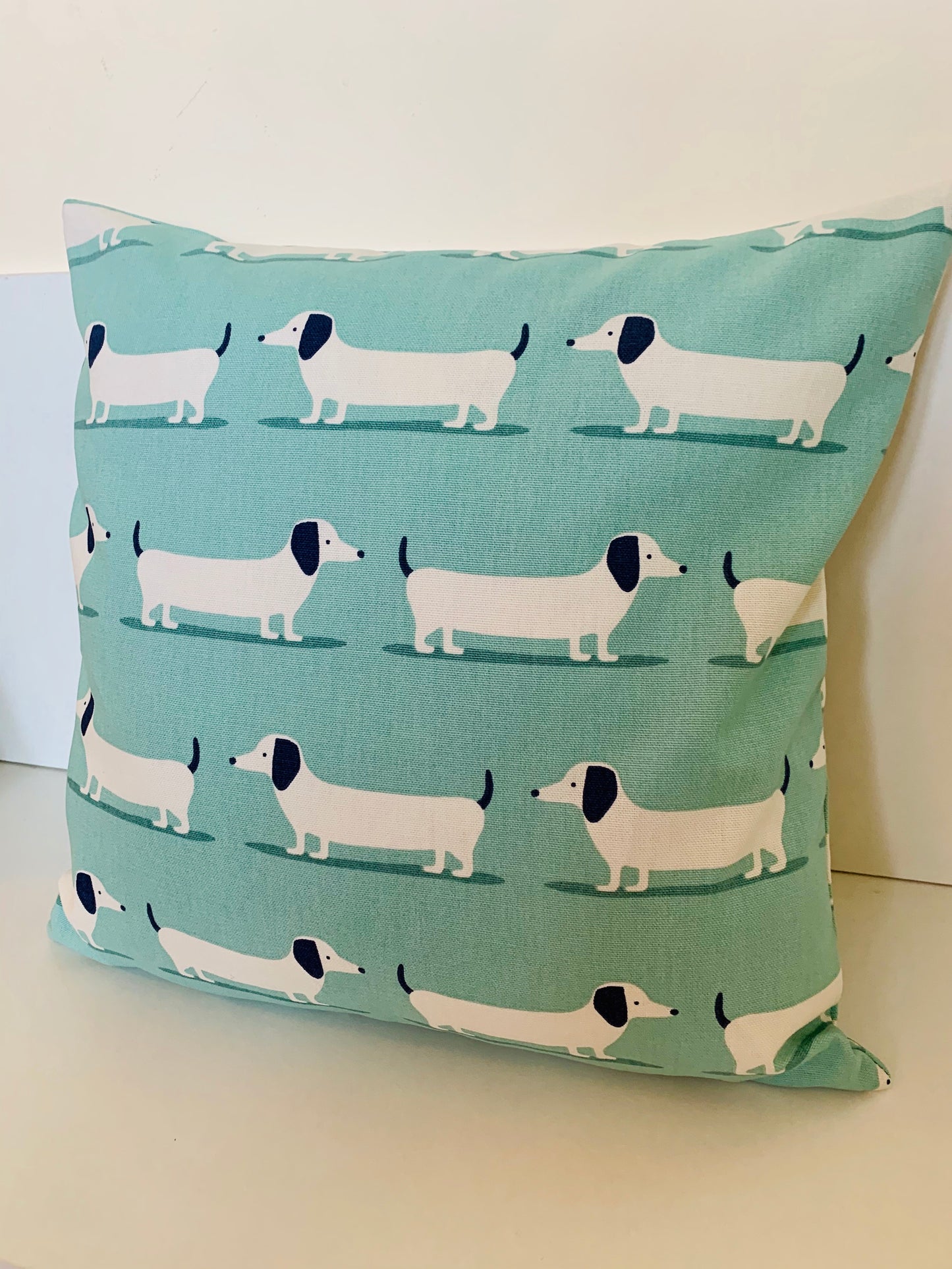 Dachshund Print Cushion Covers - Double-Sided, 16” Duck Egg Blue & Mustard Yellow