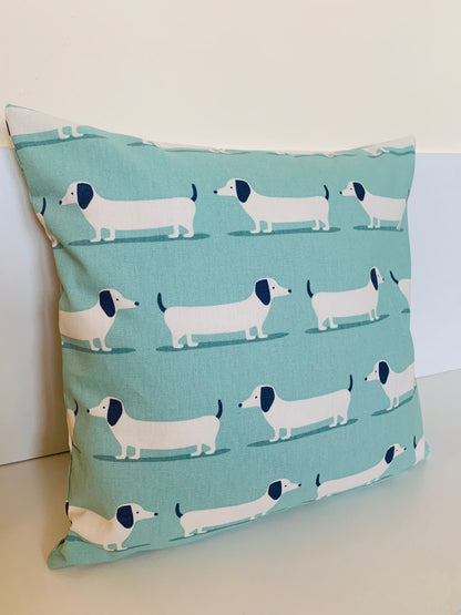 Dachshund Print Cushion Covers - Double-Sided, 16” Duck Egg Blue & Mustard Yellow