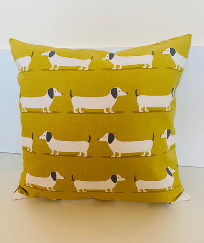 Dachshund Print Cushion Covers - Double-Sided, 16” Duck Egg Blue & Mustard Yellow