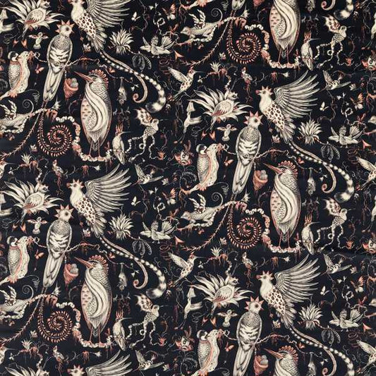Patterned fabric with birds and floral designs on a dark background
