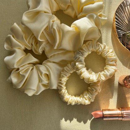 Cream Satin Scrunchies Set - Handmade Silk Hair Accessories