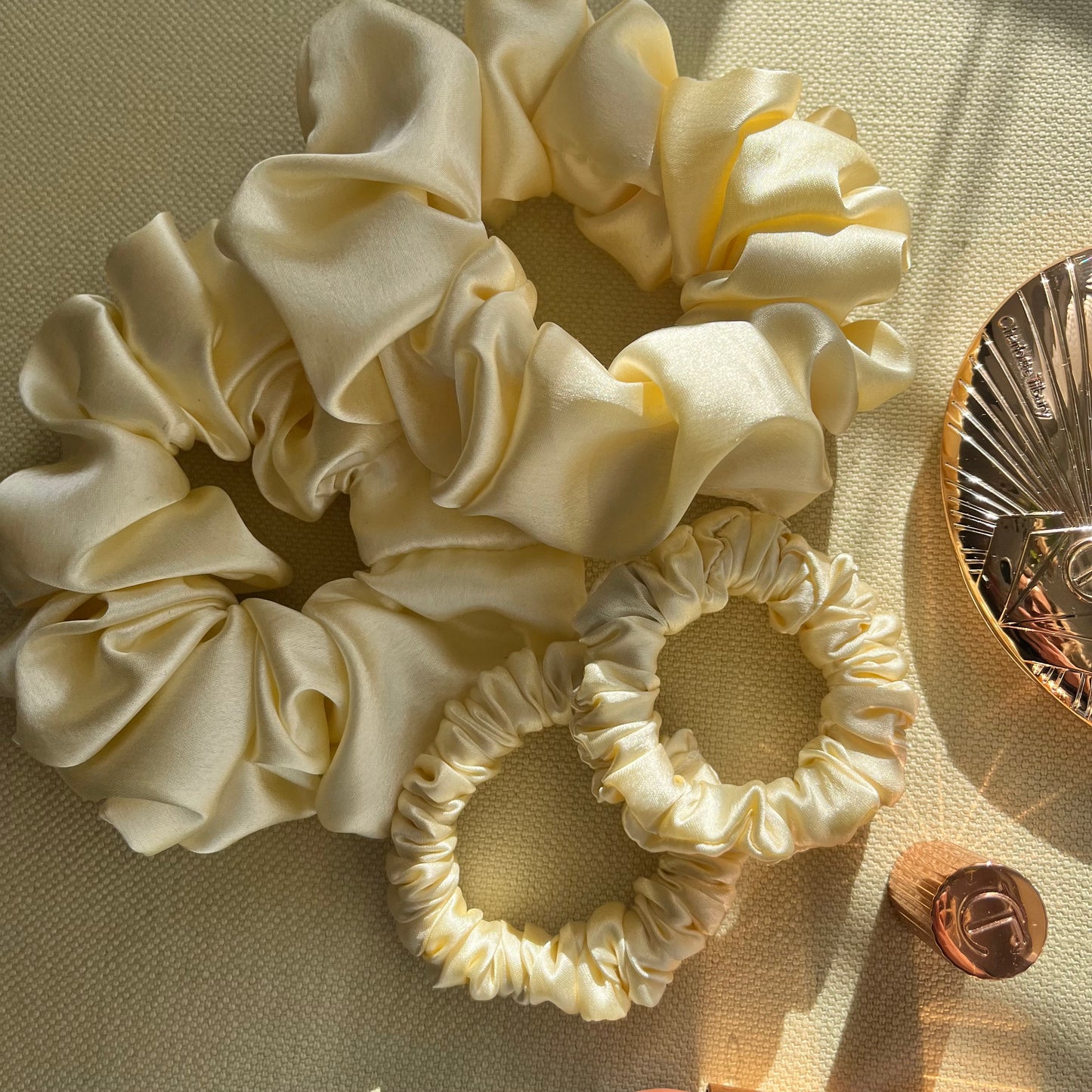 Cream Satin Scrunchies Set - Handmade Silk Hair Accessories
