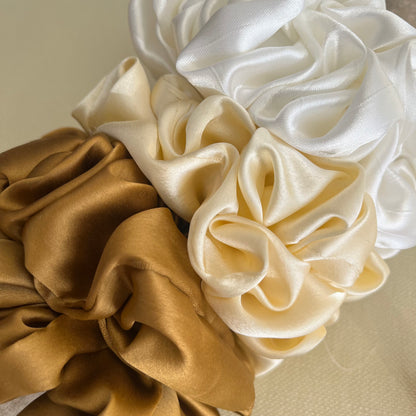 Ivory Satin Scrunchies Set - Handmade Silk Hair Accessories