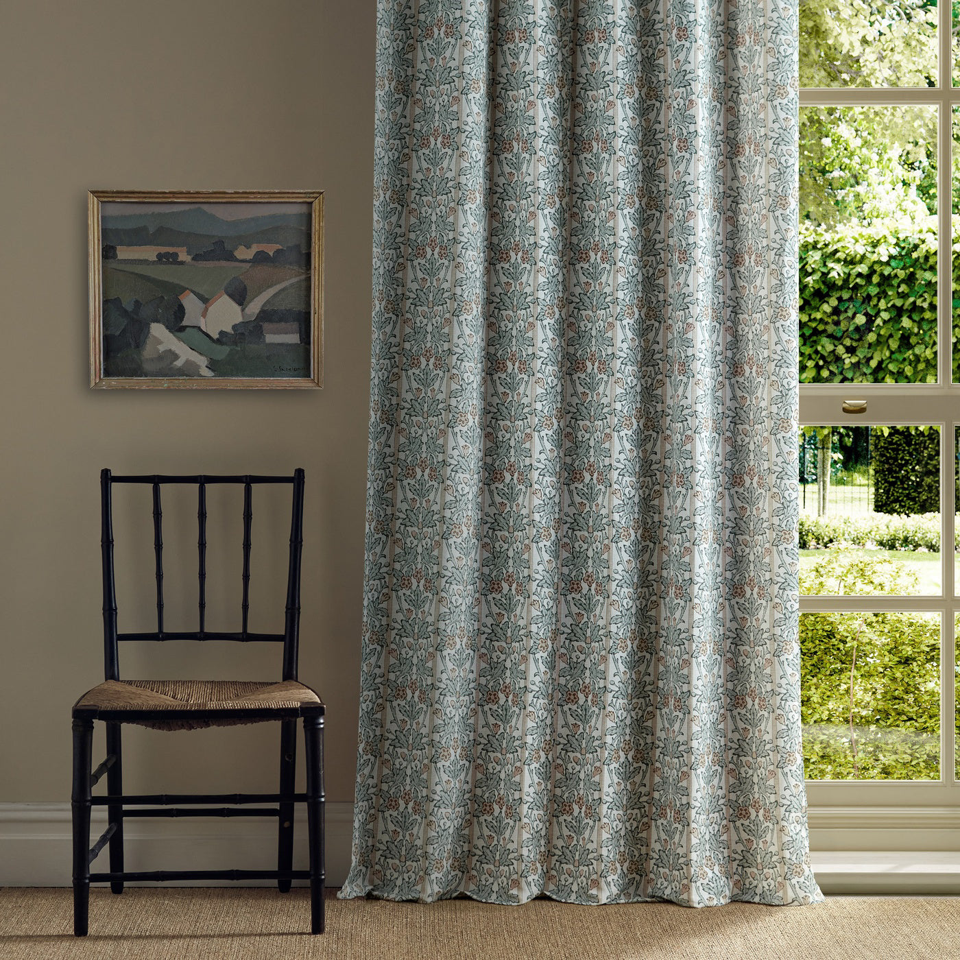 Morris Oak & Blossom Thyme/Woad Roman Blind