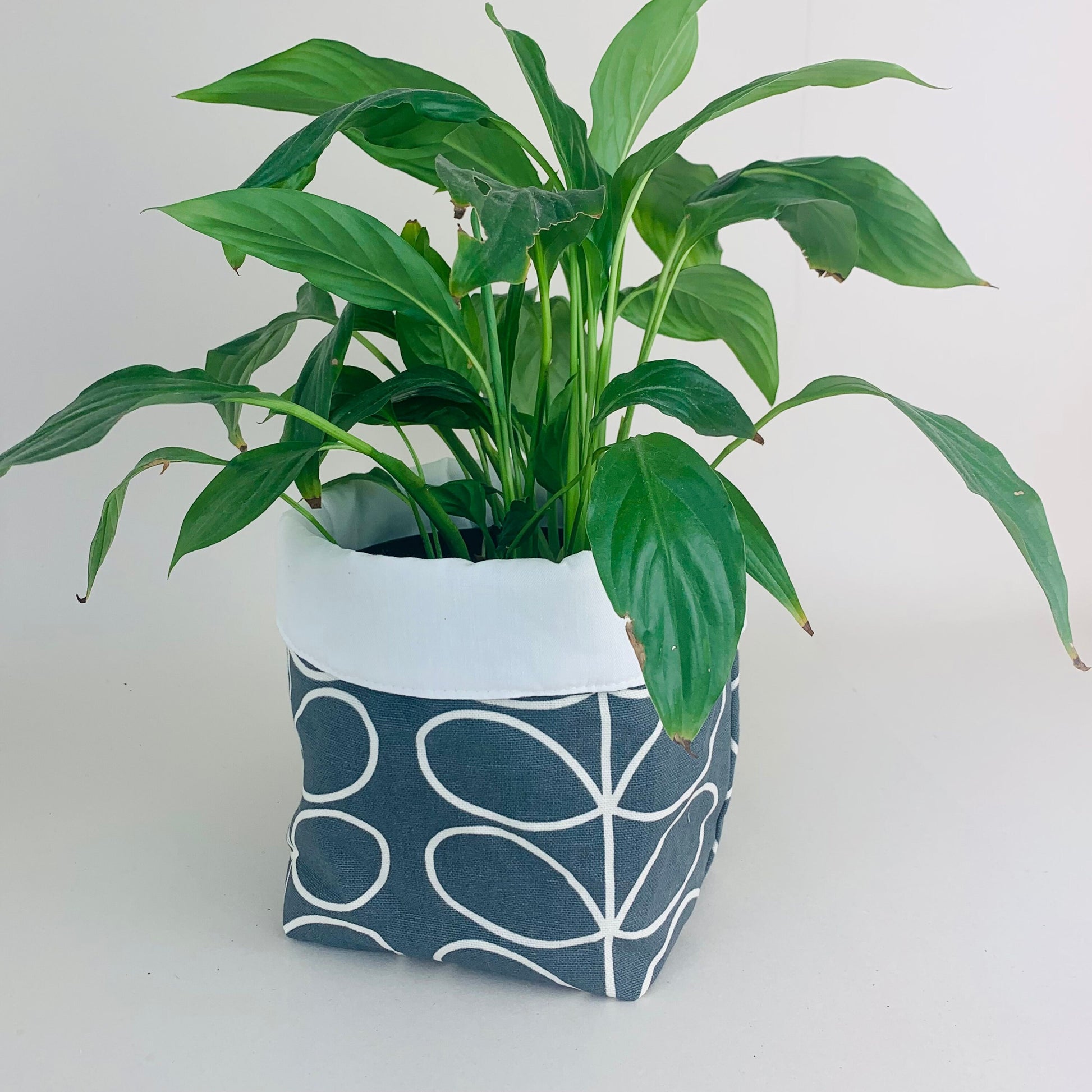 Cool Grey Stem Scandi Print Plant Pot Cover, Linen Storage Basket, Mid Century, House Plant Cover, Indoor Planter, Housewarming Gift