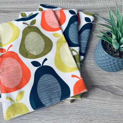 Colourful Pear Print Placemats, Napkins, BBQ Outdoor Dining, Bright Summer Table Linen, Retro kitchen accessories