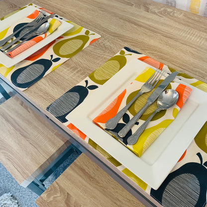 Colourful Pear Print Placemats, Napkins, BBQ Outdoor Dining, Bright Summer Table Linen, Retro kitchen accessories
