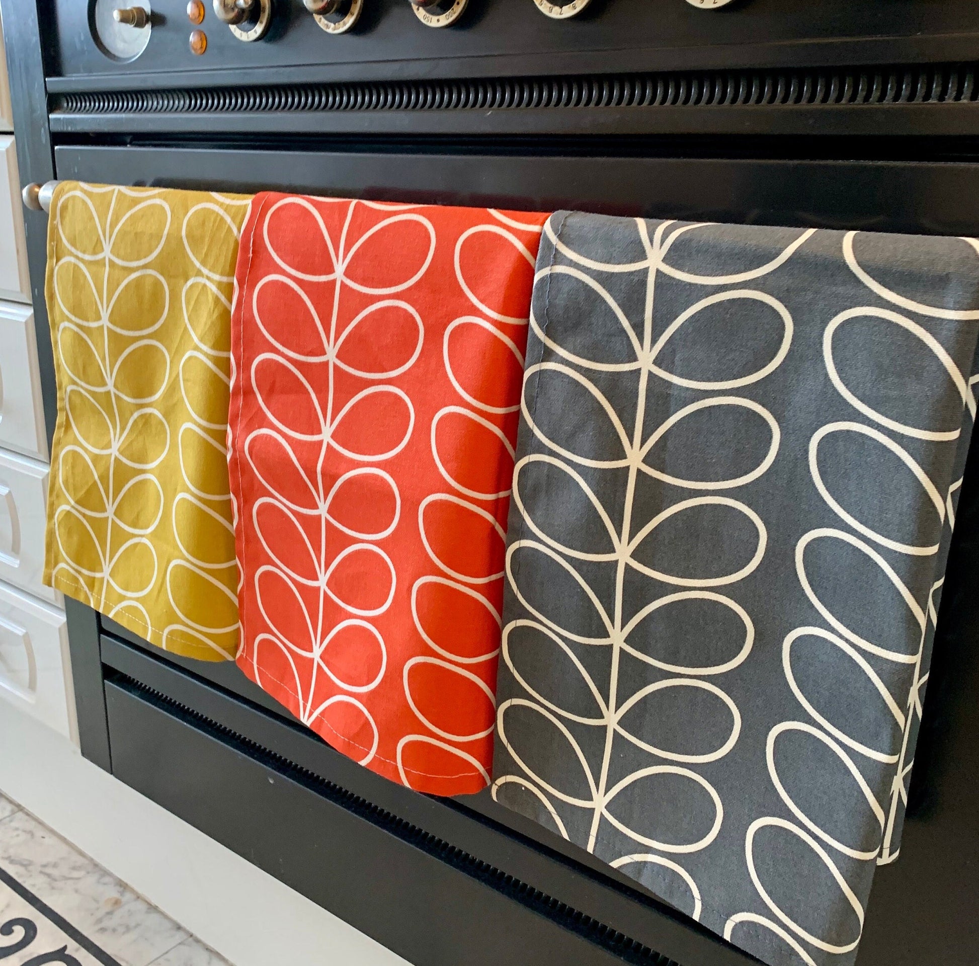 Retro Stem Tea Towels, Kitchen Towels, Set of 3, Singles, Handsewn, Mid Century Scandi Print Orla Fabric