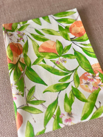 Spanish Orange Print Handcrafted Kitchen Tea Towel - Mediterranean Citrus Linens, Kitchen accessories