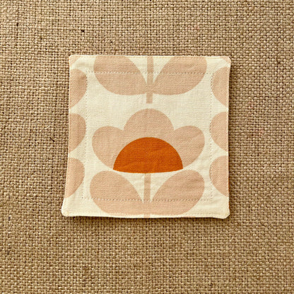 Retro Orange Orla Kiely Fabric Coasters x 2 - Papaya Stem & Sweet Pea, Set of Double-Sided Cotton Drinks Mat Mid Century Scandi Print