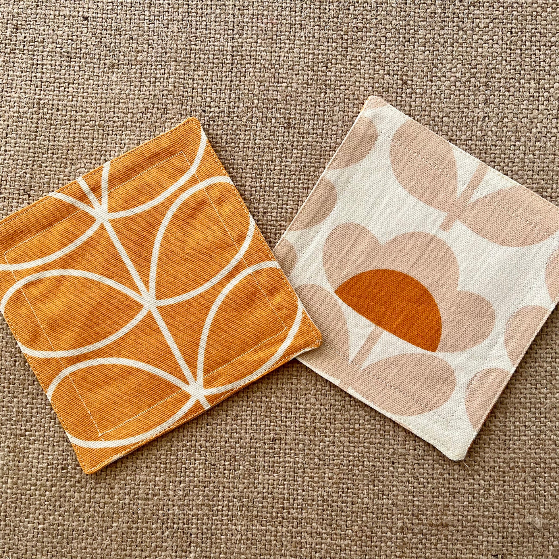 Retro Orange Fabric Coasters x 2 - Papaya Stem & Sweet Pea, Set of Double-Sided Cotton Coasters Mid Century Scandi Print