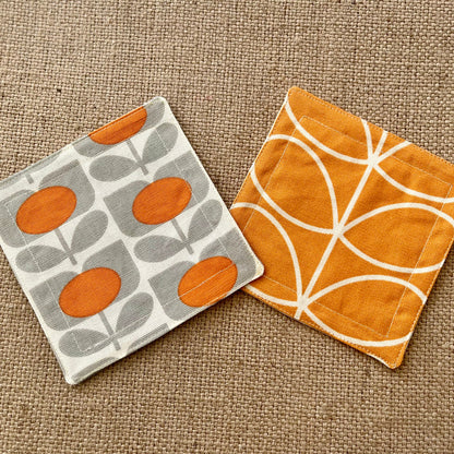 Retro Flower Orange Fabric Coasters x 2 - Papaya Grey & Orange, Set of Double-Sided Cotton Coasters Scandi Print