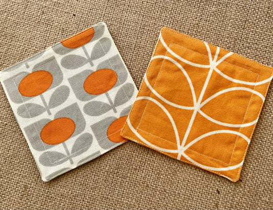 Orla Kiely Papaya Stem and Grey and Orange Flower Print Fabric Coasters Double Sided Set of 2. Mid Century Modern Retro Print