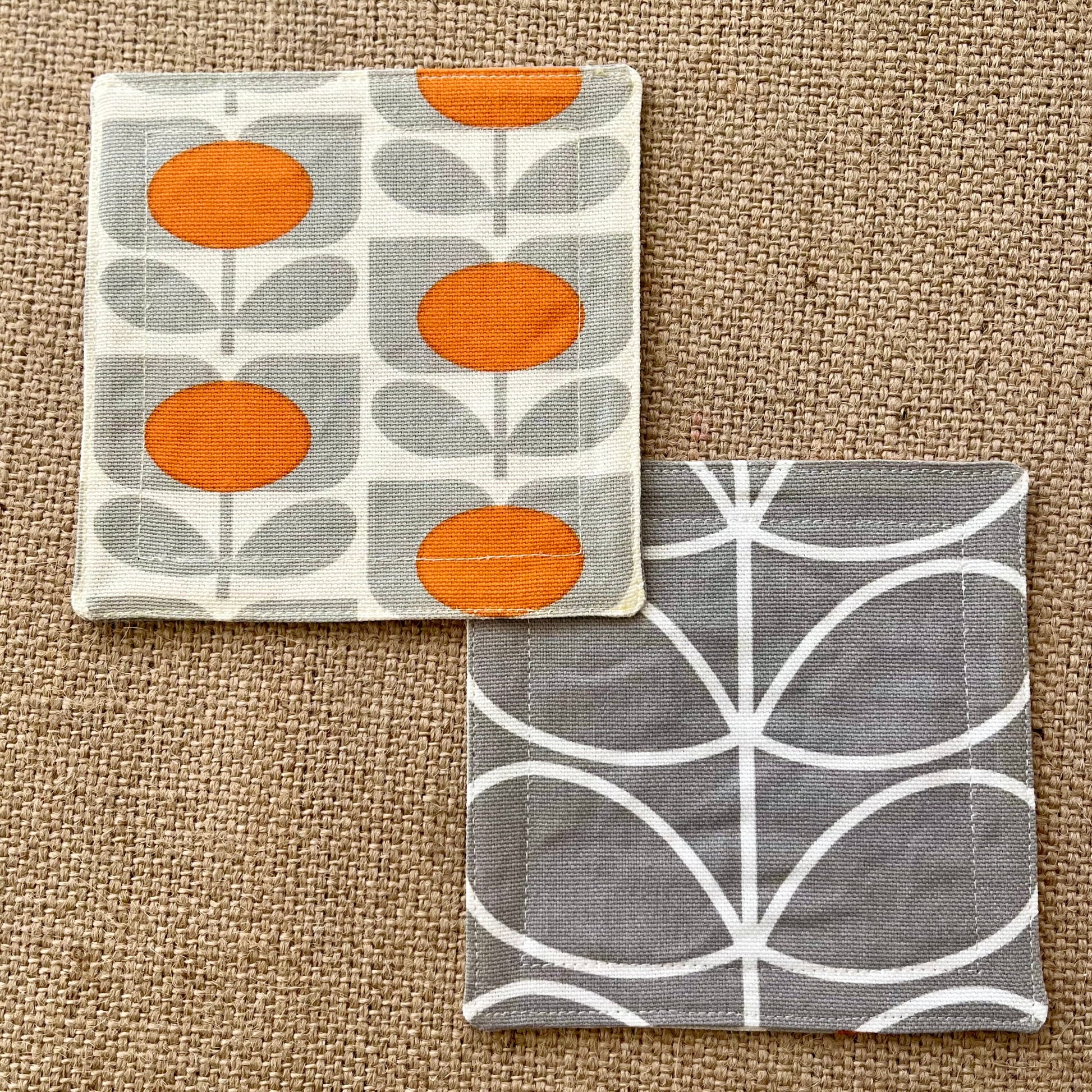 Retro Grey & Orange Coasters x 2 - Silver Stem, Set of Double-Sided Cotton Coasters Scandi Print Orla Kiely