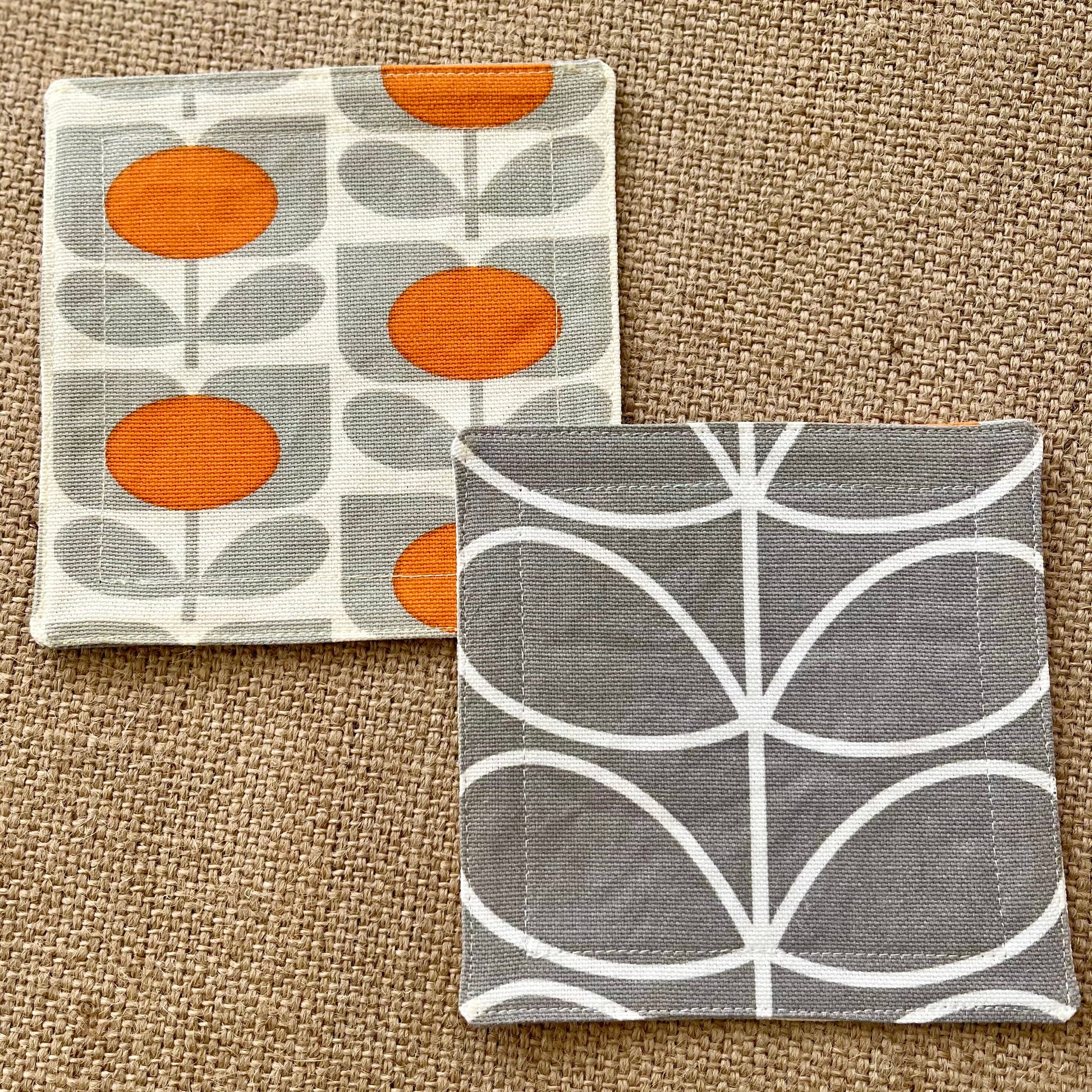 Retro Grey & Orange Coasters x 2 - Silver Stem, Set of Double-Sided Cotton Coasters Scandi Print Orla Kiely
