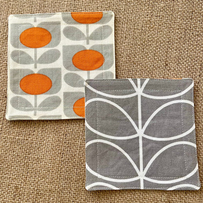 Retro Grey & Orange Coasters x 2 - Silver Stem, Set of Double-Sided Cotton Coasters Scandi Print Orla Kiely