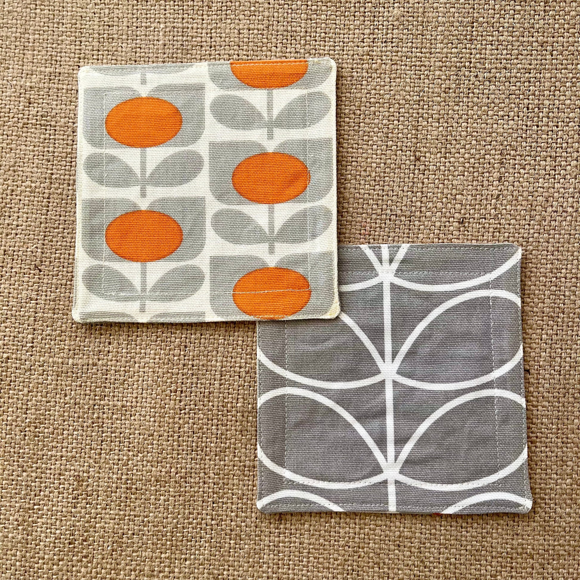 Retro Grey & Orange Coasters x 2 - Silver Stem, Set of Double-Sided Cotton Coasters Scandi Print Orla Kiely