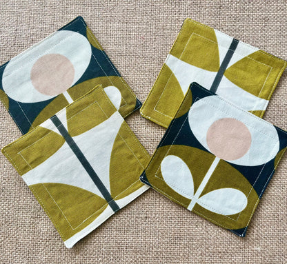 Olive Green Retro Drinks Coasters x 2 - Olive Oval & Olive Stem, Set of Double-Sided Cotton Coasters Mid Century Scandi Print