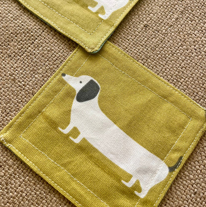 Dachshund Sausage Dog Drinks Coasters x 2 - Yellow & Blue Reversible Dog Print Fabric, Set of Double-Sided Place mat