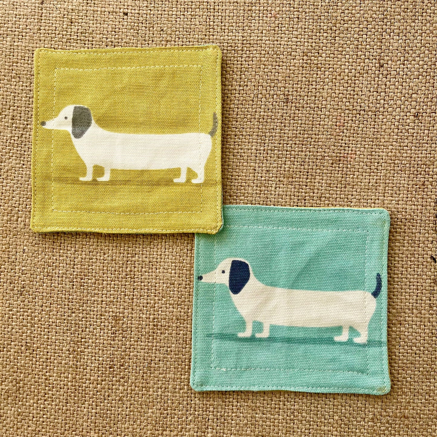 Dachshund Sausage Dog Drinks Coasters x 2 - Yellow & Blue Reversible Dog Print Fabric, Set of Double-Sided Place mat