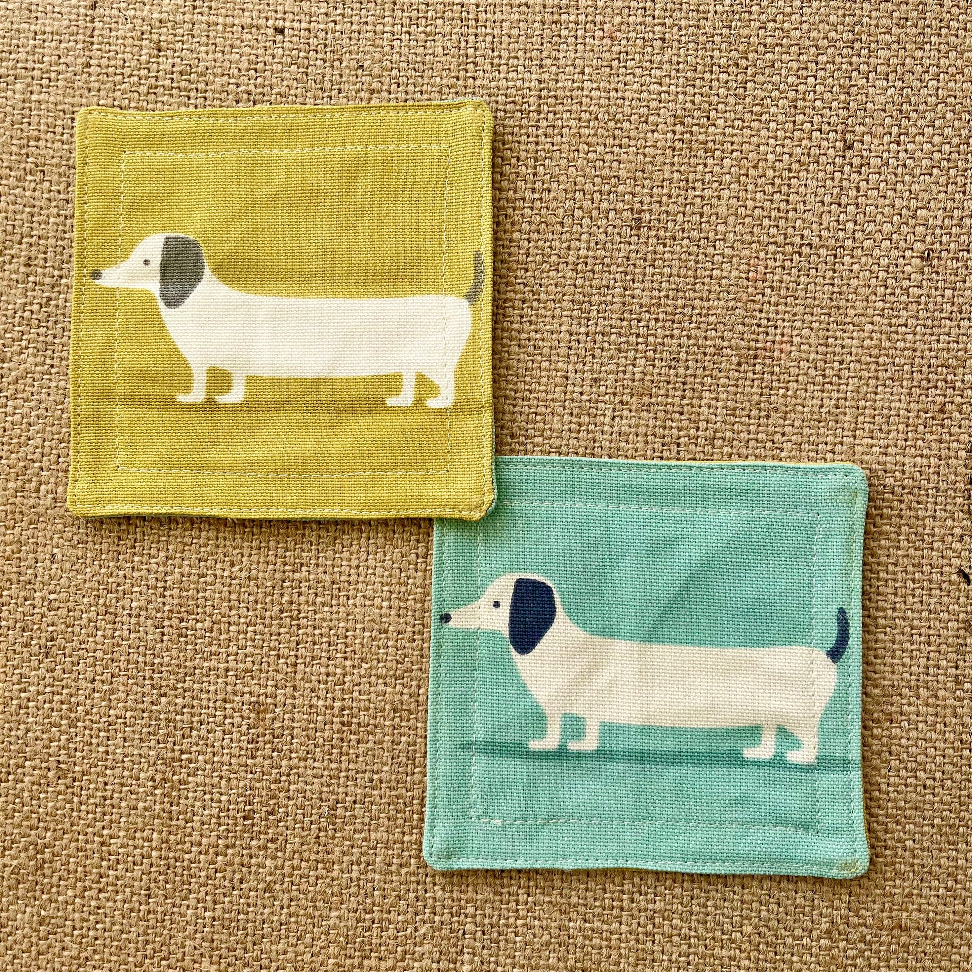 Dachshund Sausage Dog Drinks Coasters x 2 - Yellow & Blue Reversible Dog Print Fabric, Set of Double-Sided Place mat