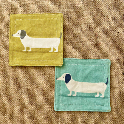 Dachshund Sausage Dog Drinks Coasters x 2 - Yellow & Blue Reversible Dog Print Fabric, Set of Double-Sided Place mat