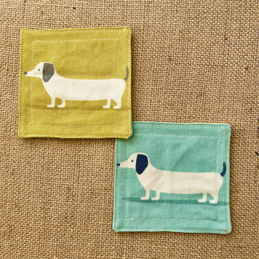 Dachshund Sausage Dog Drinks Coasters x 2 - Yellow & Blue Reversible Dog Print Fabric, Set of Double-Sided Place mat
