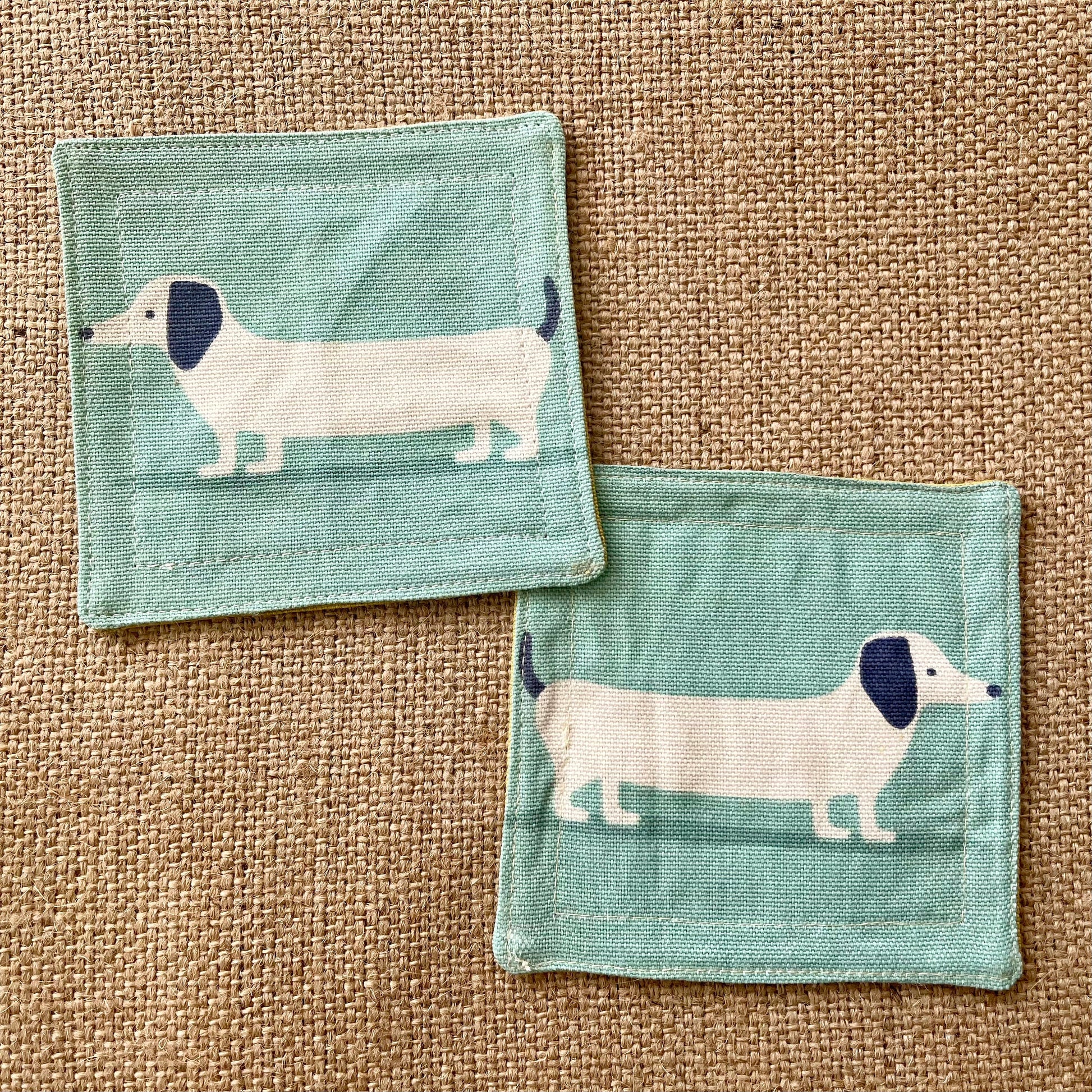 Dachshund Sausage Dog Drinks Coasters x 2 - Yellow & Blue Reversible Dog Print Fabric, Set of Double-Sided Place mat