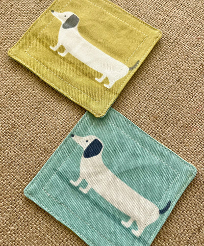 Dachshund Sausage Dog Drinks Coasters x 2 - Yellow & Blue Reversible Dog Print Fabric, Set of Double-Sided Cotton Coasters