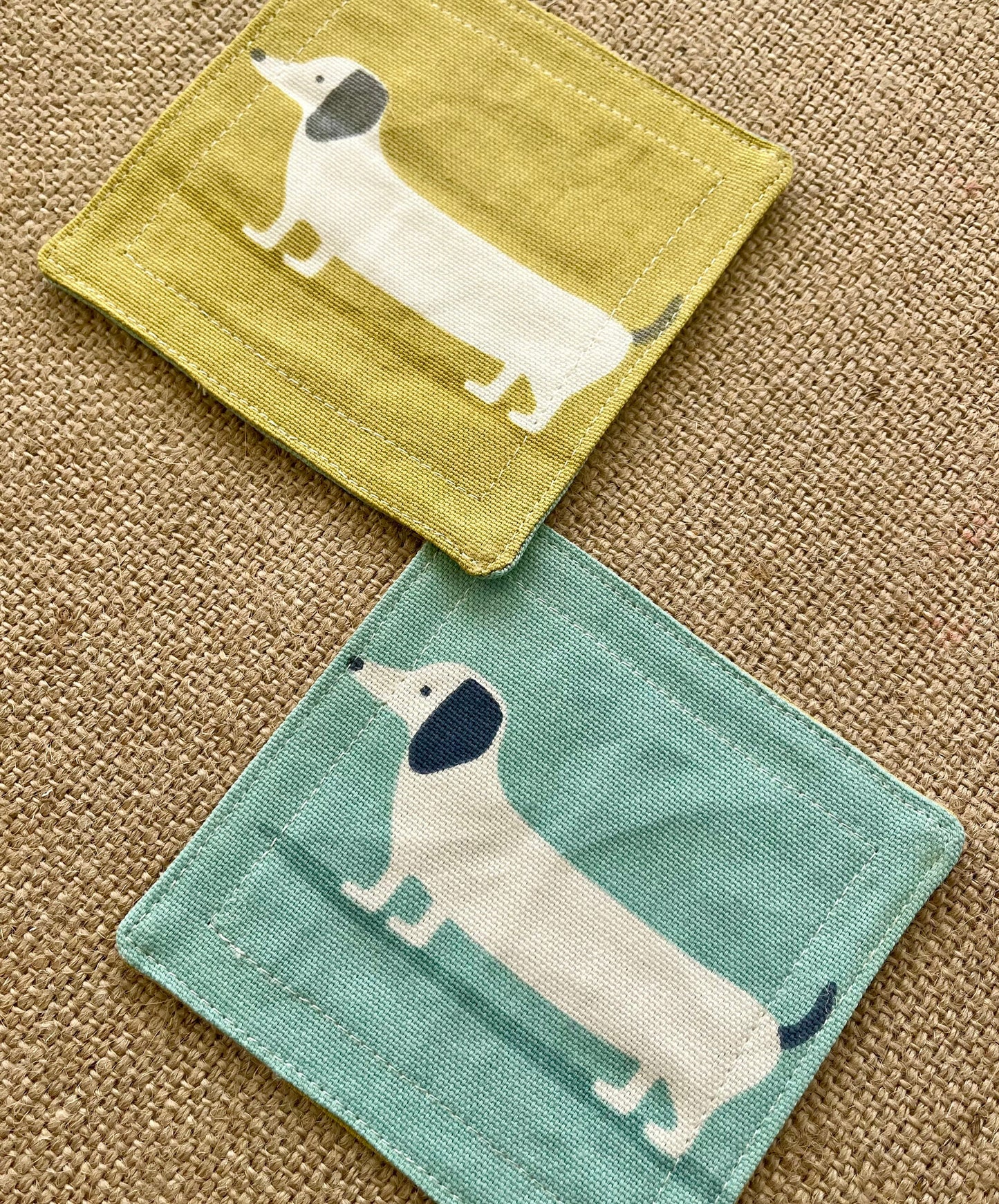 Dachshund Sausage Dog Drinks Coasters x 2 - Yellow & Blue Reversible Dog Print Fabric, Set of Double-Sided Place mat