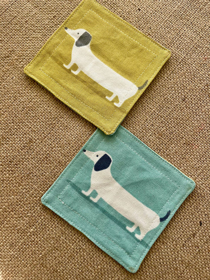 Dachshund Sausage Dog Drinks Coasters x 2 - Yellow & Blue Reversible Dog Print Fabric, Set of Double-Sided Place mat