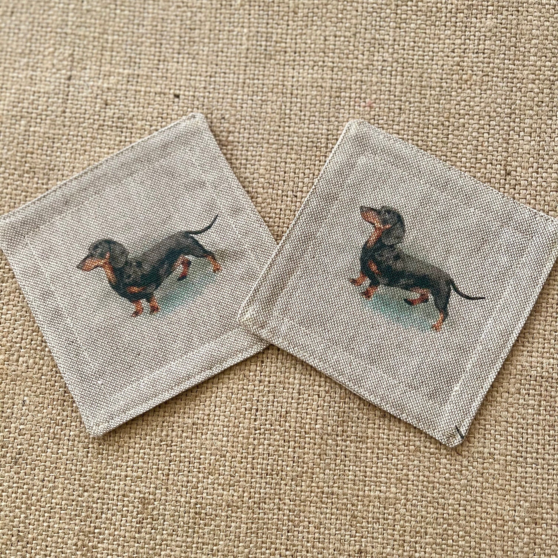 Linen Dachshund Sausage Dog Drinks Coasters x 2 - Dog Print Fabric, Set of Linen Blend Coasters