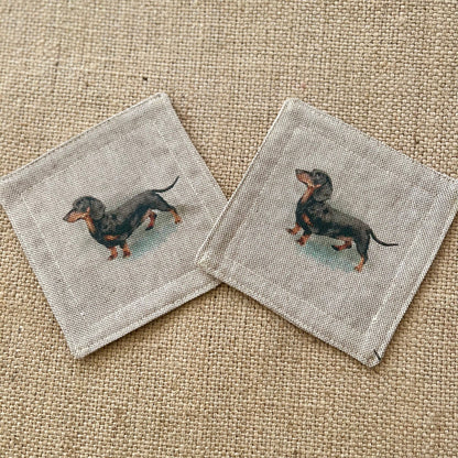 Linen Dachshund Sausage Dog Drinks Coasters x 2 - Dog Print Fabric, Set of Linen Blend Coasters