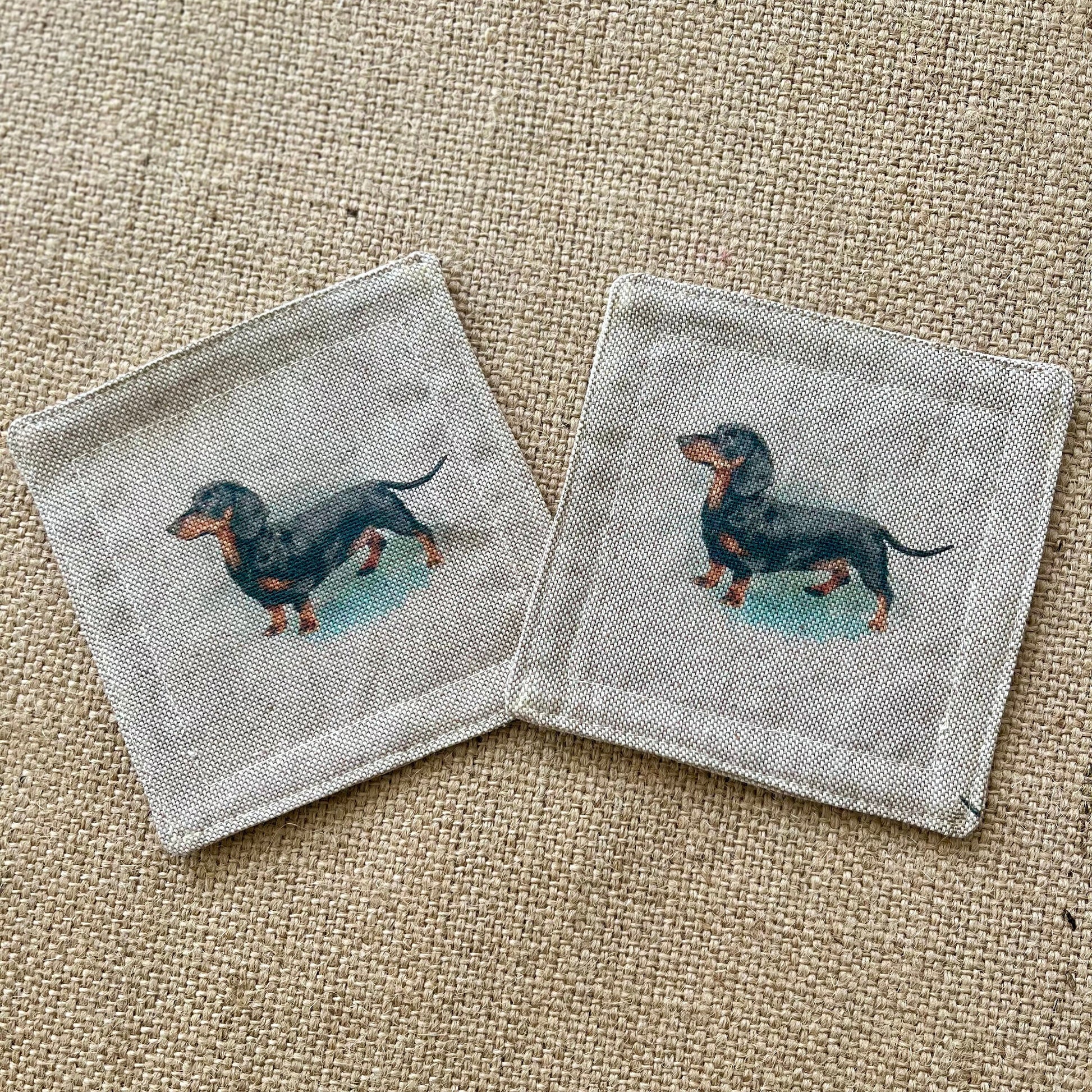 Linen Dachshund Sausage Dog Drinks Coasters x 2 - Dog Print Fabric, Set of Linen Blend Coasters