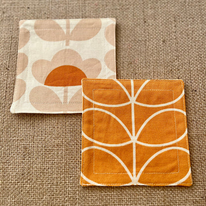 Retro Orange Fabric Coasters x 2 - Papaya Stem & Sweet Pea, Set of Double-Sided Cotton Coasters Mid Century Scandi Print